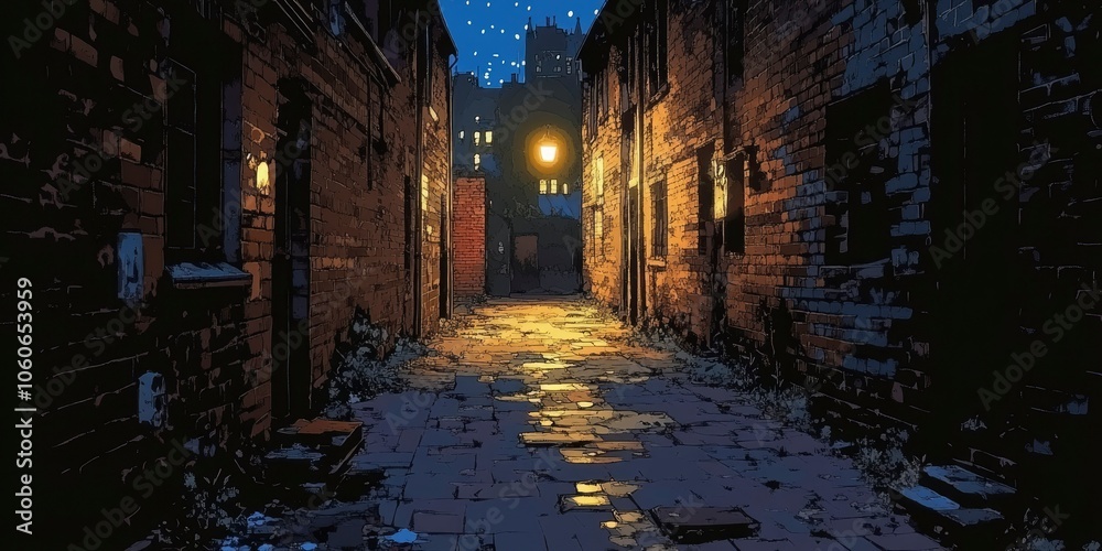 Fototapeta premium A Narrow, Brick-Lined Alleyway Illuminated by a Single Street Lamp at Night