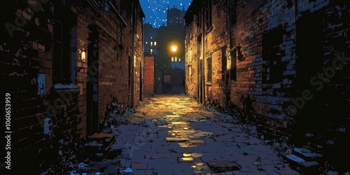 A Narrow, Brick-Lined Alleyway Illuminated by a Single Street Lamp at Night photo