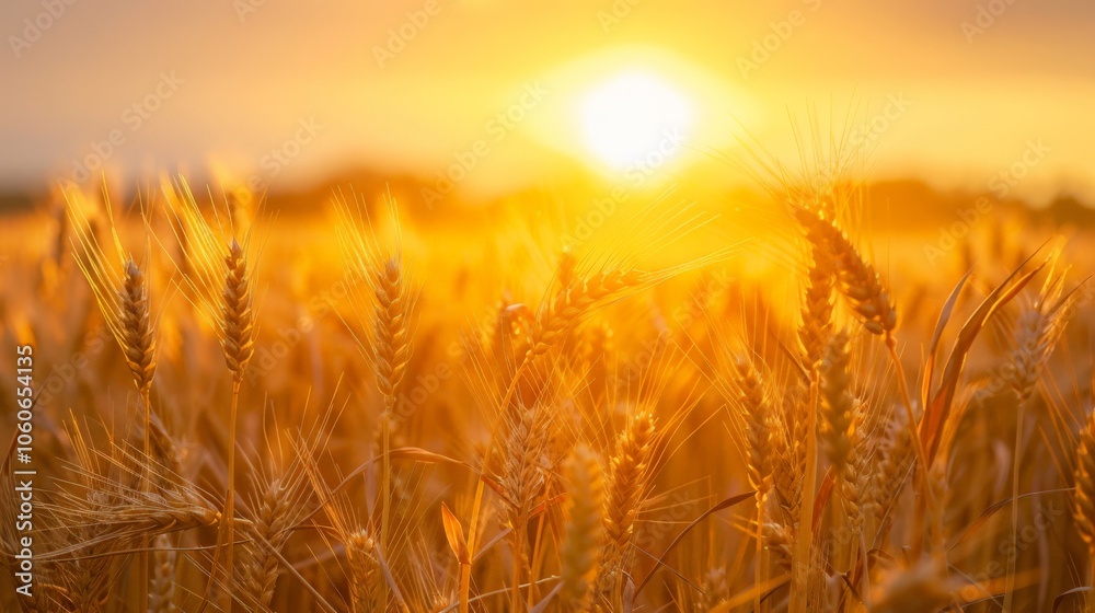 Sun rays shining through a field of golden wheat at sunrise Sun rays shining through a field of golden wheat at sunrise