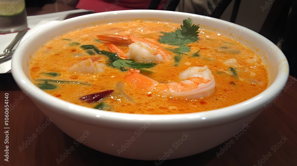 Traditional Tom Yum with shrimp, lemongrass, chili, and a sour broth, garnished with lime Traditional Tom Yum with shrimp, lemongrass, chili, and a sour broth, garnished with lime