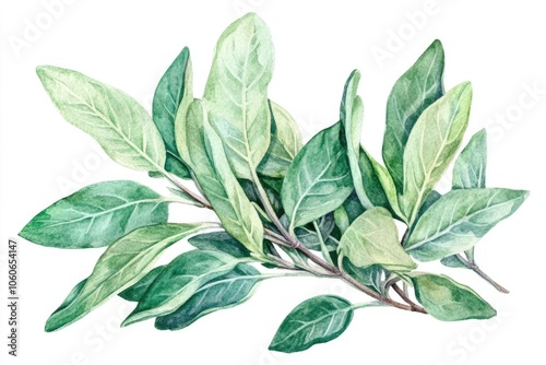 Hand Drawn Watercolor Illustration of Fresh Sage Leaves on White Background
