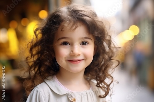 Portrait of a cute little girl with curly hair in the city