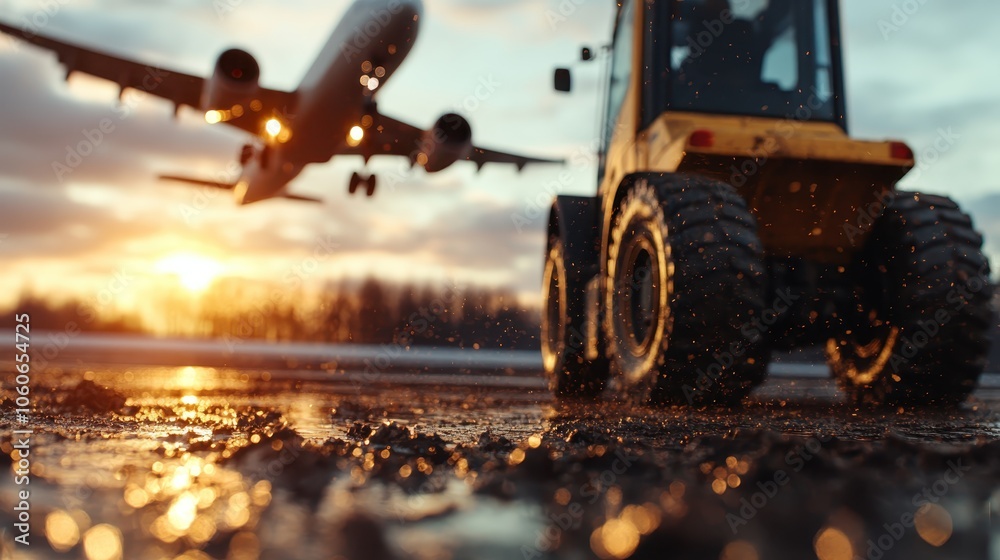 An airplane majestically ascends in the background as a piece of heavy machinery sits on a wet dirt trail, highlighting industry and travel during sunrise.