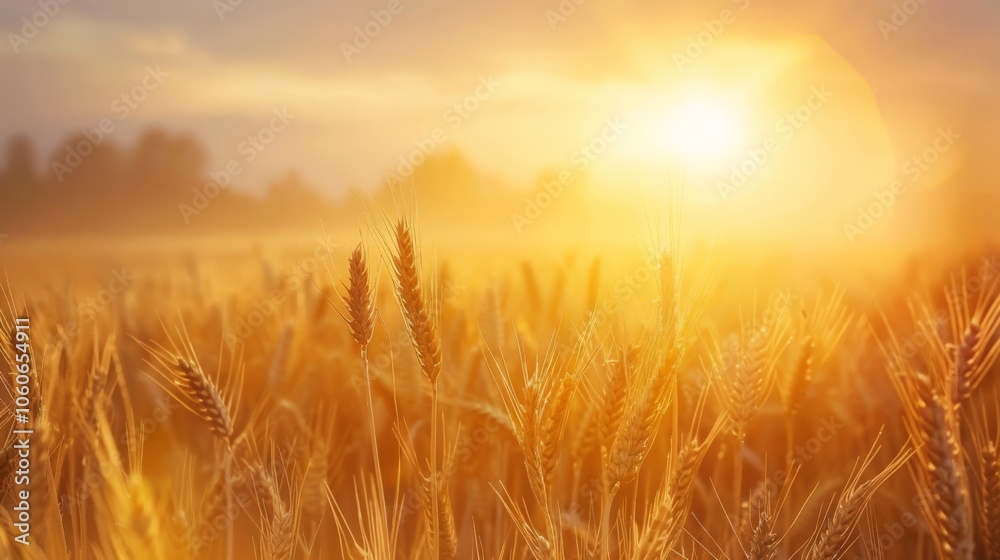 Sun rays shining through a field of golden wheat at sunrise