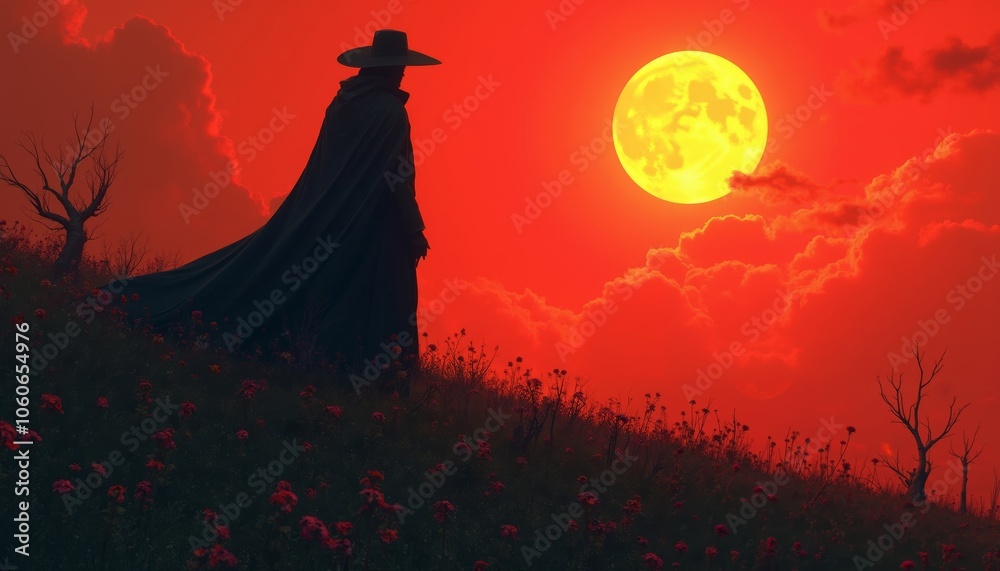 Surreal Digital Artwork of Shadowy Figure in Cloak Against Moonlit Sky Surreal Digital Artwork of Shadowy Figure in Cloak Against Moonlit Sky