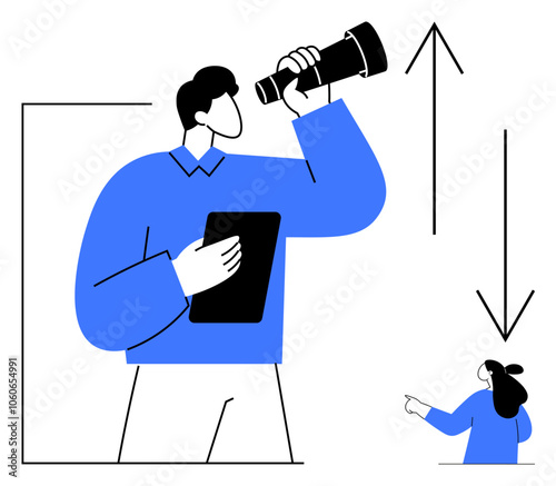 A man holds a telescope and a tablet, looking forward while a woman points upward. Arrows indicate upward and downward directions. Ideal for leadership, vision, career growth, development, strategy