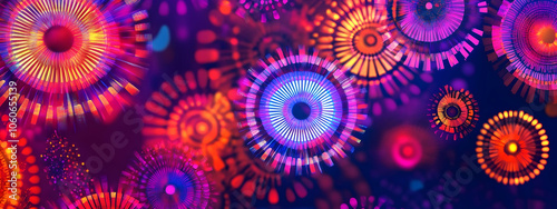 Abstract background featuring circular forms with radiating lines in neon colors, reflecting modern creativity and energy