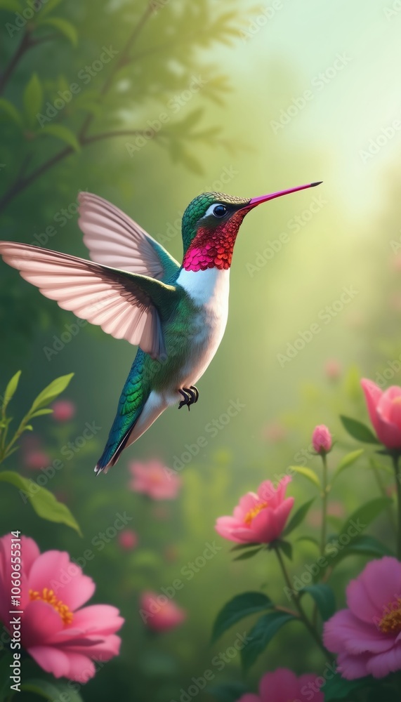 Fototapeta premium Iridescent Hummingbird in Flight with Pink Beak and White Body