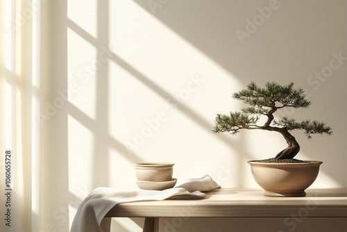 Japandi aesthetic and the Bonsai's tree organic form on a wooden table 