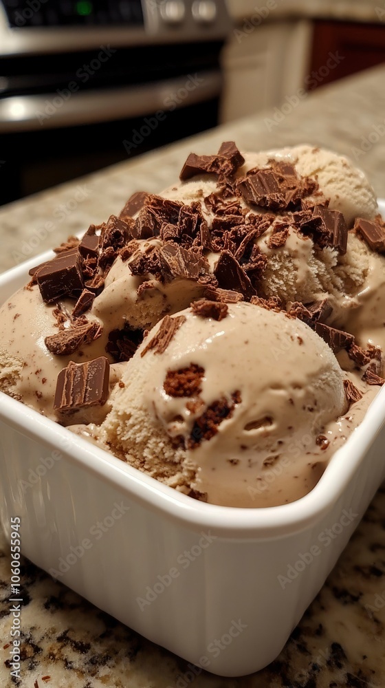 A Close-Up of a Bowl of Vanilla Ice Cream Topped with Chocolate Chunks A Close-Up of a Bowl of Vanilla Ice Cream Topped with Chocolate Chunks