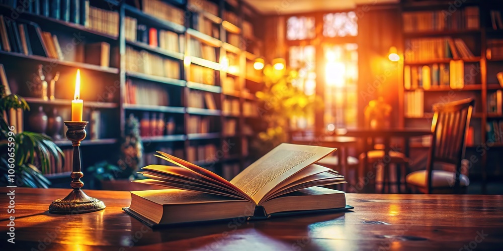 A well-worn book glows under soft light, open on a dark table within a warm and peaceful library. A well-worn book glows under soft light, open on a dark table within a warm and peaceful library.