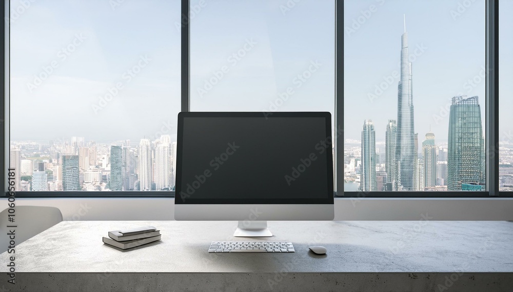 Fototapeta premium Front view on modern computer on style light table in minimalistic office interior design with concrete floor and city view from big window. 3D rendering