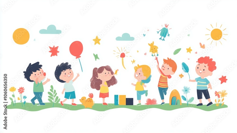 Children joyfully playing on colorful blocks under a sunny sky, symbolizing growth and cognitive development through play. Children joyfully playing on colorful blocks under a sunny sky, symbolizing growth and cognitive development through play.