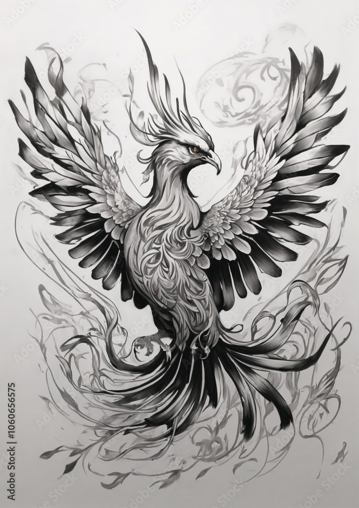 Obraz premium Artistic Black and White Depiction of a Phoenix Bird Celebrating the Journey of Transformation