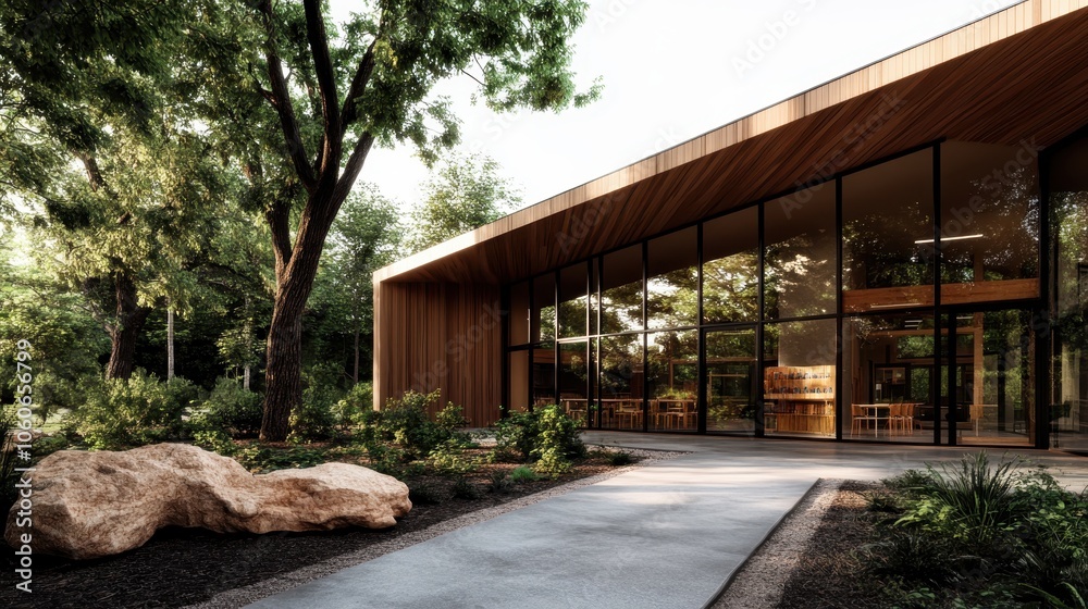 A sleek, contemporary building with expansive glass windows is set amidst lush, green landscaping, harmoniously blending architecture with nature's tranquility. A sleek, contemporary building with expansive glass windows is set amidst lush, green landscaping, harmoniously blending architecture with nature's tranquility.