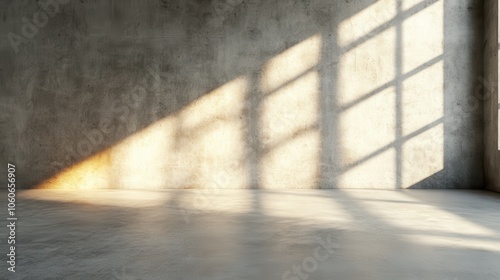 An empty room showcasing a textured concrete wall bathed in warm sunlight streaming through large windows, creating a modern and open atmosphere filled with potential.