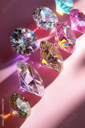 A Collection of Colorful Sparkling Diamonds on a Pink Surface