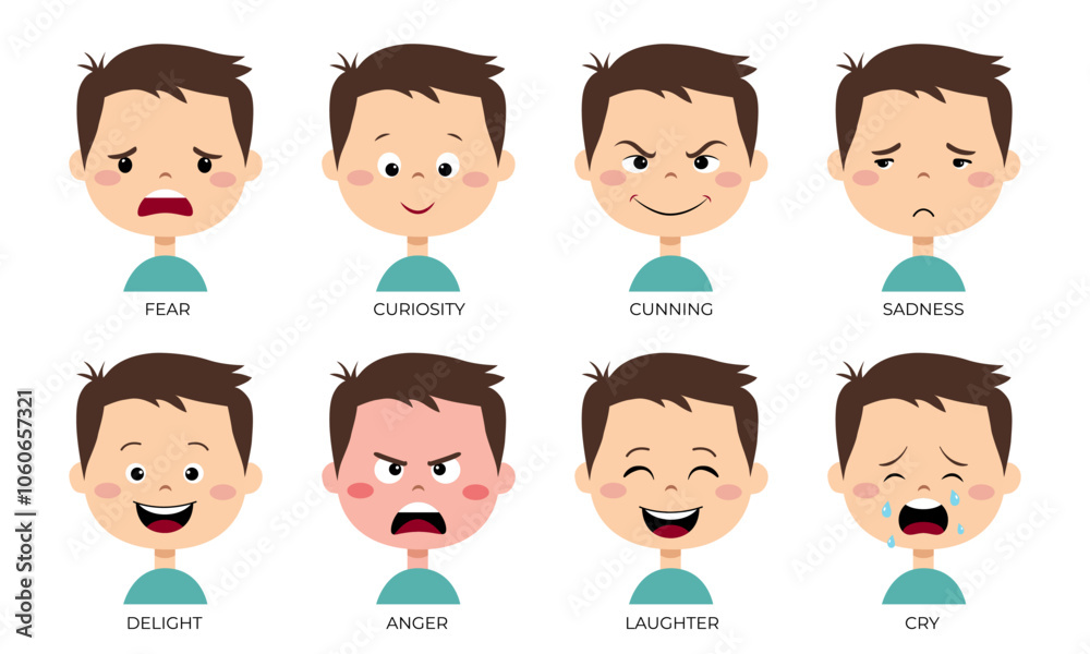 Boy face with emotions of joy, anger, curiosity, sadness, cunning and other. Different face expressions set. Boy face with emotions of joy, anger, curiosity, sadness, cunning and other. Different face expressions set.