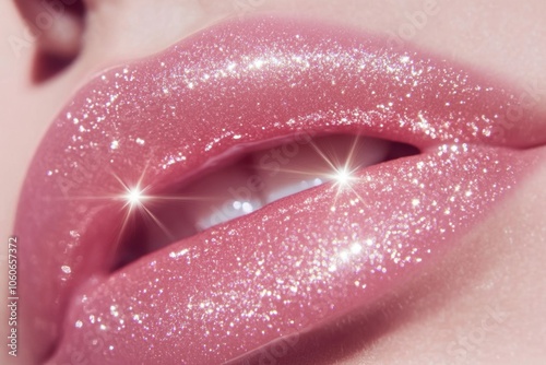 Sparkling pink glossy lips close-up with shimmer