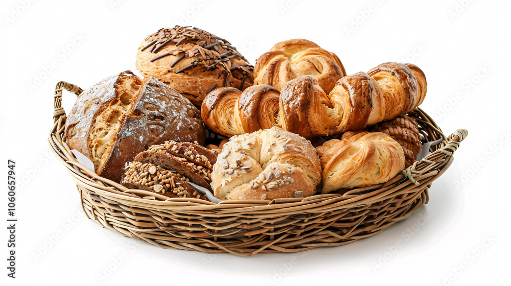 Bakery Products in Basket: Bakery products in a straw basket isolated on a white background, showcasing fresh baked goods. Bakery Products in Basket: Bakery products in a straw basket isolated on a white background, showcasing fresh baked goods.