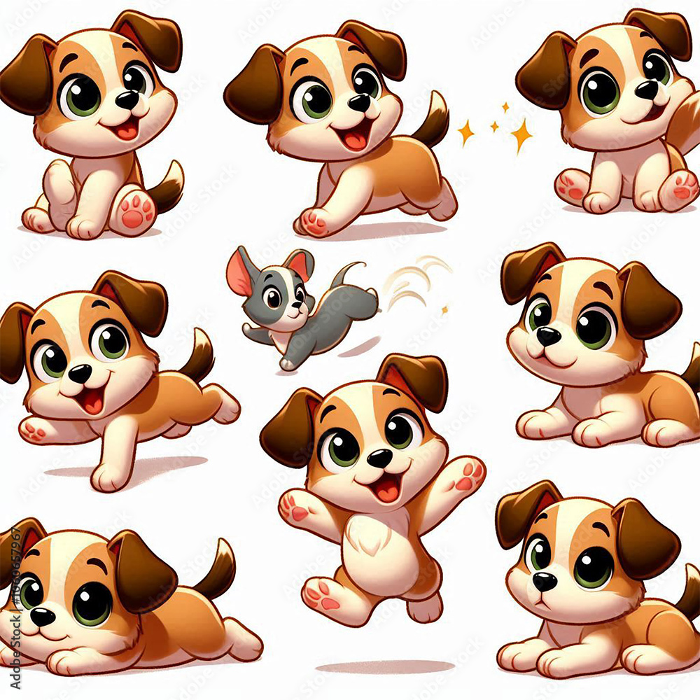 Fototapeta premium cartoon-style puppy with a playful and energetic personality, in multiple poses_ running, sitting, lying down, and wagging its tail, with a variety of expressions, from excited and happy to curious an