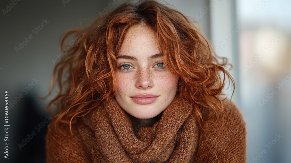 A young woman with vibrant red curly hair, wearing a cozy sweater, gazes forward with a serene and thoughtful expression in a warmly lit background. A young woman with vibrant red curly hair, wearing a cozy sweater, gazes forward with a serene and thoughtful expression in a warmly lit background.