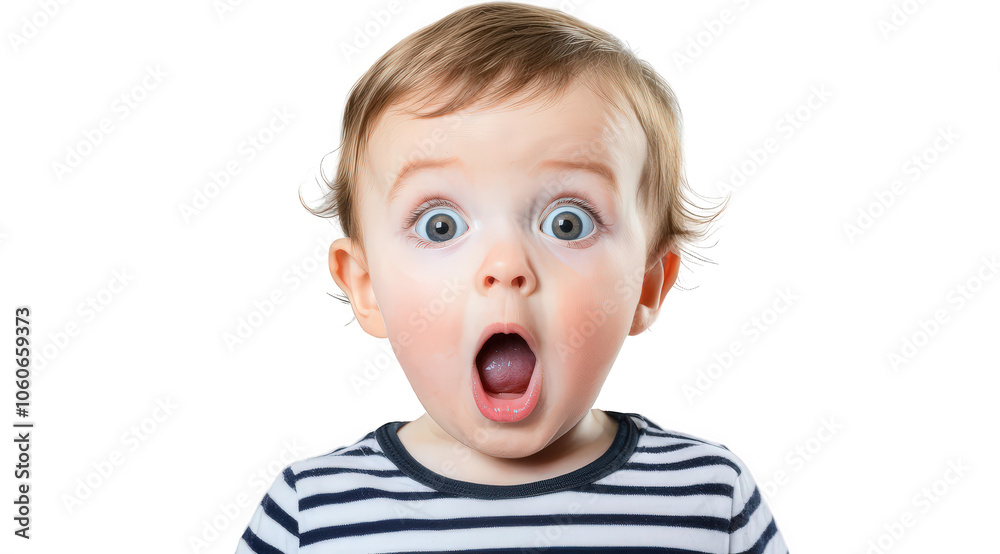 Surprised child with wide eyes and open mouth, expressing shock and excitement. child has light brown hair and wears striped shirt, creating playful and engaging image Surprised child with wide eyes and open mouth, expressing shock and excitement. child has light brown hair and wears striped shirt, creating playful and engaging image