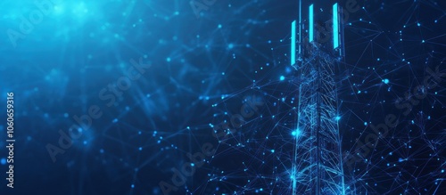 5G antenna on innovation technology background. Low poly wireframe digital vector.