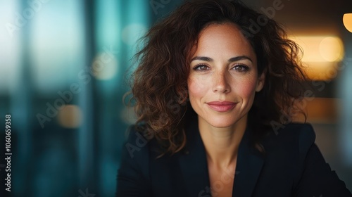 A confident woman with curly hair wearing a black suit, sitting in a modern office setting with a warm, blurred background and ambient lighting.