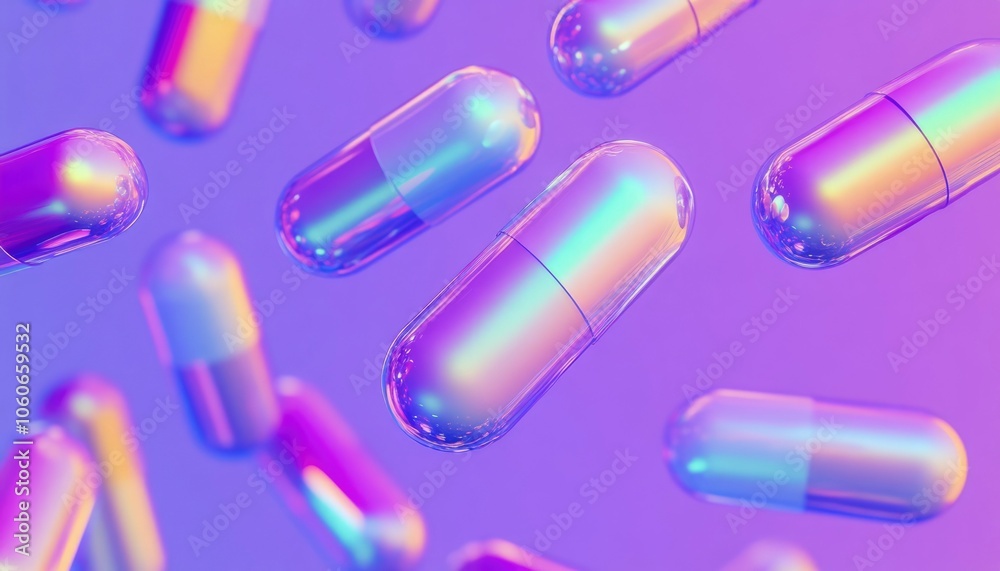 Holographic Pills Floating on a Purple Background Holographic Pills Floating on a Purple Background
