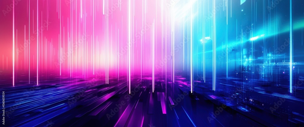 neon city, cyberpunk landscape, vibrant pink and blue lights, vertical light beams, reflective wet street, futuristic urban scene, glowing horizon, digital art, sci-fi atmosphere, abstract cityscape, neon city, cyberpunk landscape, vibrant pink and blue lights, vertical light beams, reflective wet street, futuristic urban scene, glowing horizon, digital art, sci-fi atmosphere, abstract cityscape,