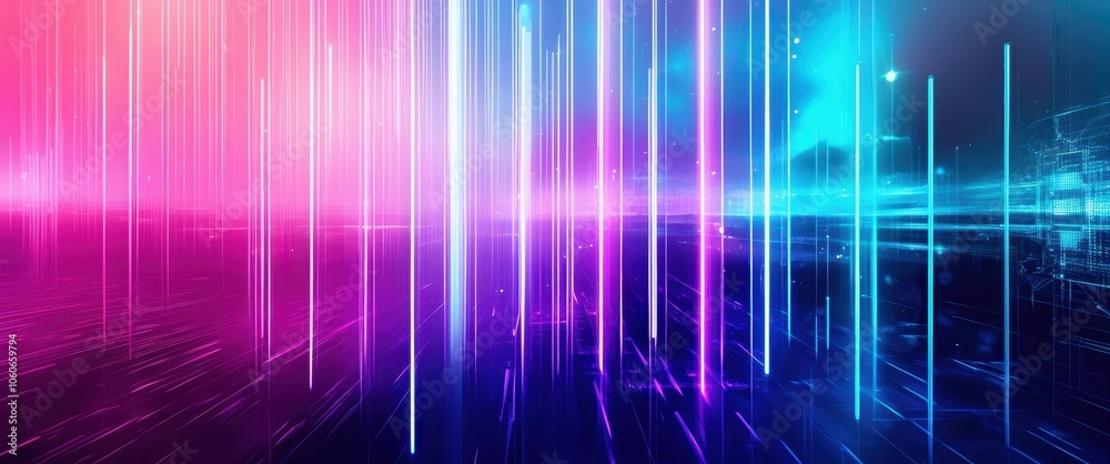 neon city, cyberpunk landscape, vibrant pink and blue lights, vertical light beams, reflective wet street, futuristic urban scene, glowing horizon, digital art, sci-fi atmosphere, abstract cityscape, neon city, cyberpunk landscape, vibrant pink and blue lights, vertical light beams, reflective wet street, futuristic urban scene, glowing horizon, digital art, sci-fi atmosphere, abstract cityscape,