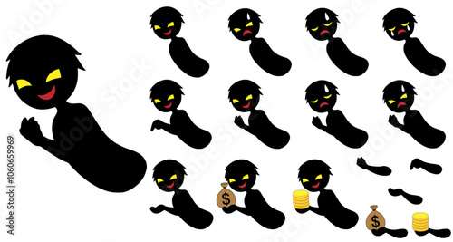 黒いシルエットの悪人とお金などの素材セット