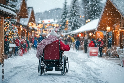 Elderly person in wheelchair enjoying snowy Christmas market