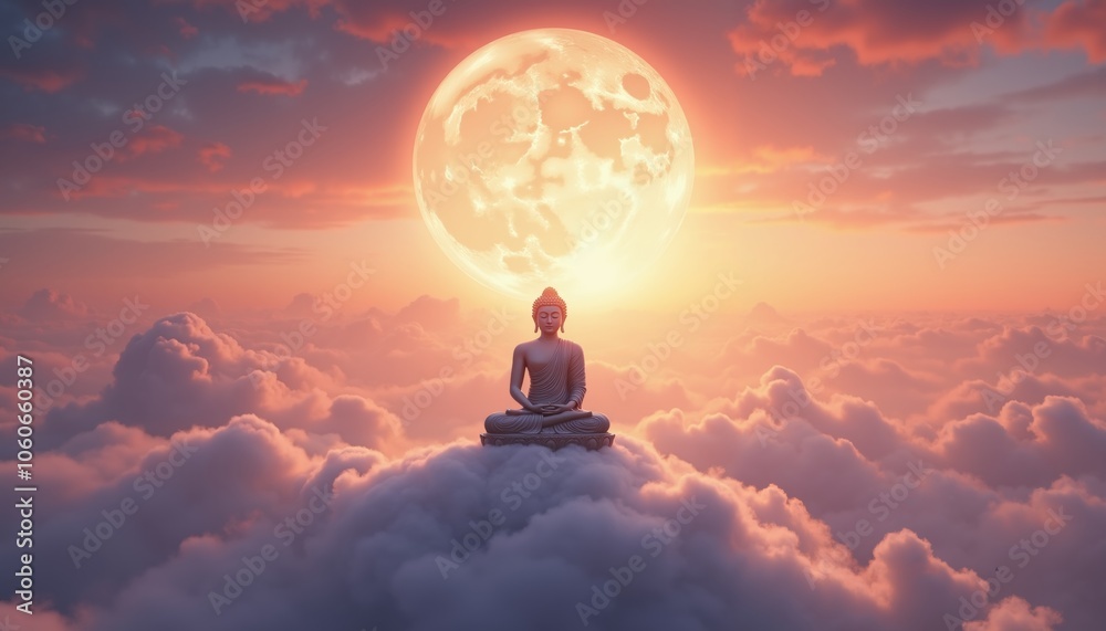 Serene Buddha Statue Meditating on Fluffy Cloud under Full Moon Serene Buddha Statue Meditating on Fluffy Cloud under Full Moon