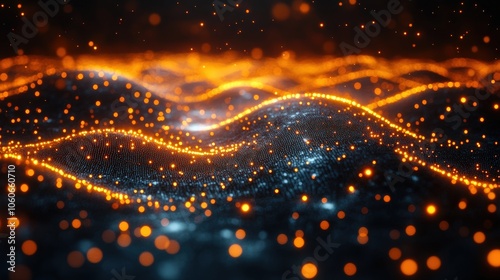 Image showcases a sea of particles forming undulating waves, imparting a sense of energy and flow