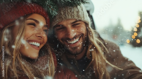 A cheerful couple is depicted having fun outdoors during snowy weather, warmly dressed and happy, capturing a moment of love, joy, and shared adventure in winter.