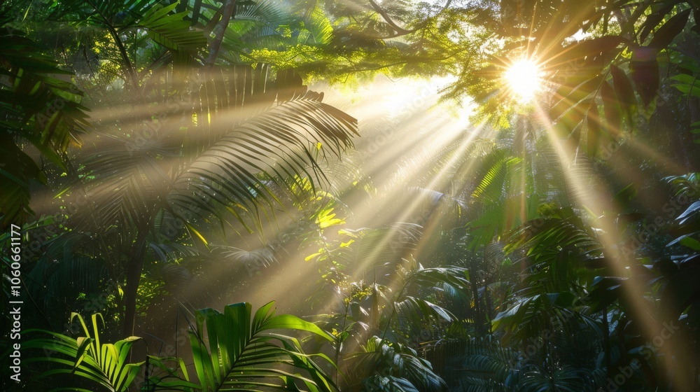 Sun rays streaming through the canopy of a dense jungle