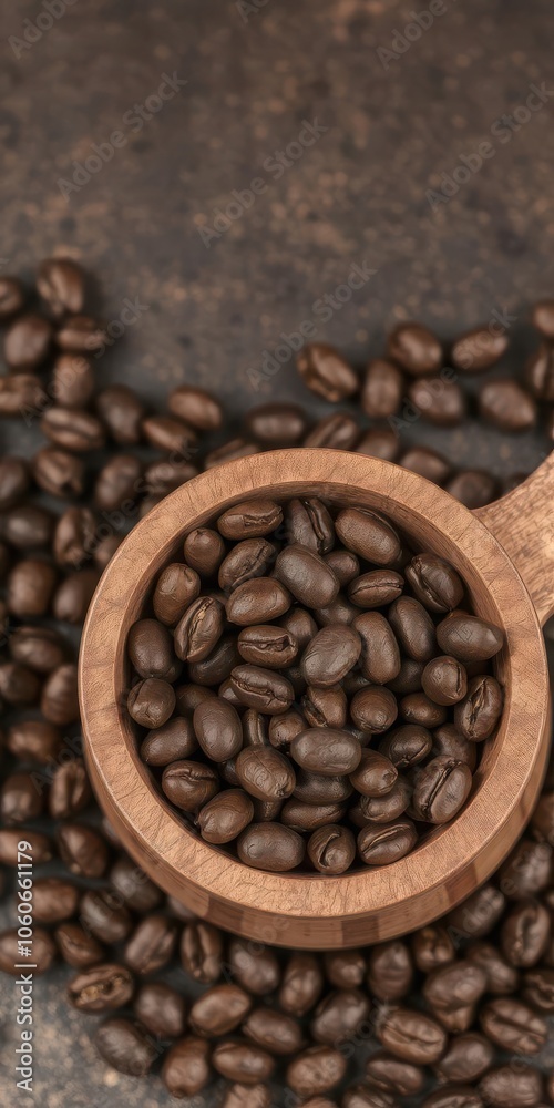 Fototapeta premium A wooden cup filled with roasted coffee beans on a table, coffee break