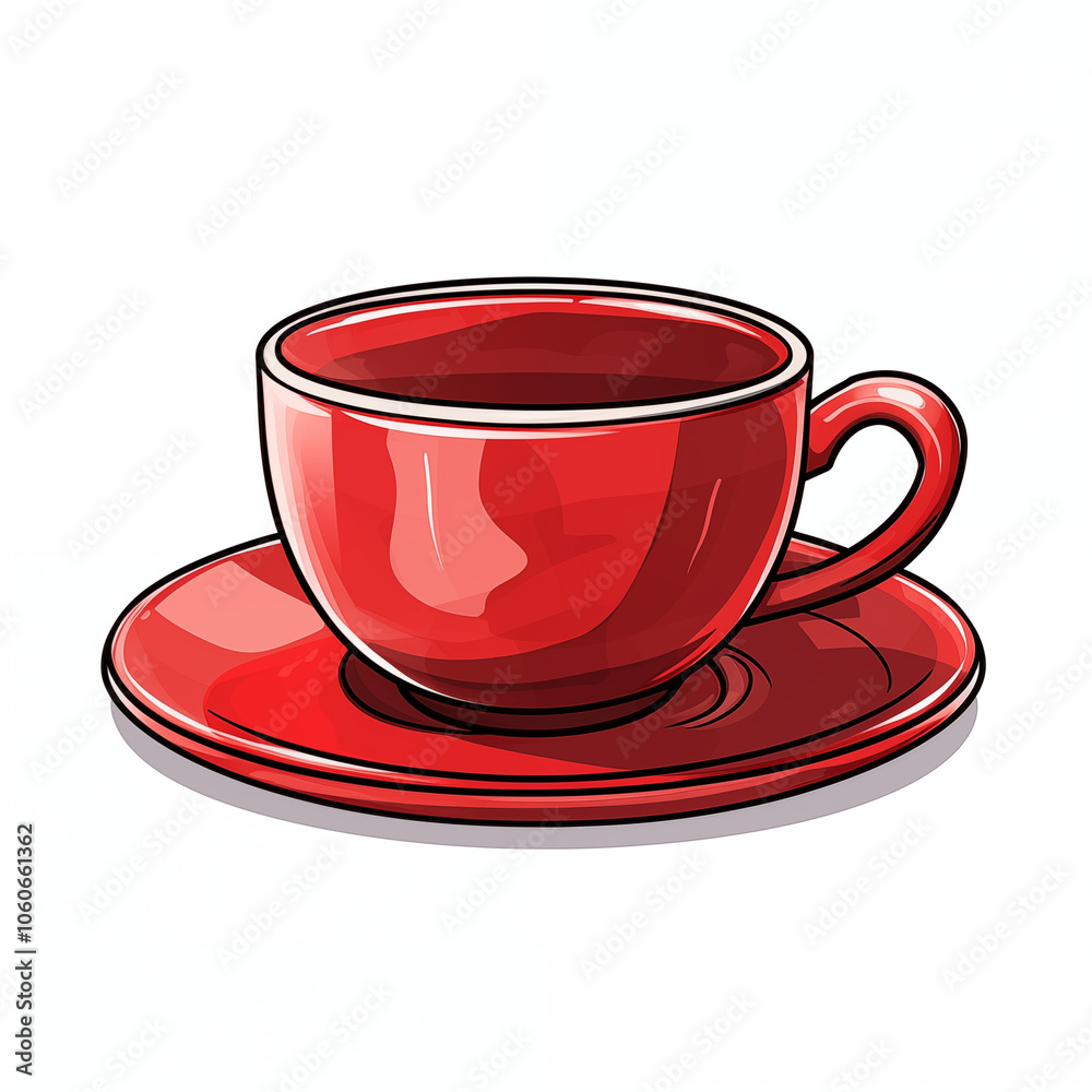 Bright red cartoon coffee cup sitting on a matching saucer against a simple background Bright red cartoon coffee cup sitting on a matching saucer against a simple background