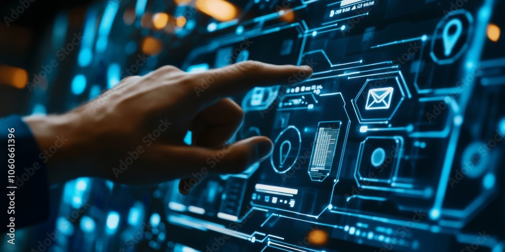 A hand interacts with a bright touchscreen displaying tech and network icons on a deep blue background, representing cloud storage and highlighting the importance of data security A hand interacts with a bright touchscreen displaying tech and network icons on a deep blue background, representing cloud storage and highlighting the importance of data security