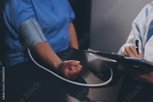 A doctor taking a patient's blood pressure. The patient's arm is equipped with a blood pressure cuff, and the doctor is using a blood pressure monitor.