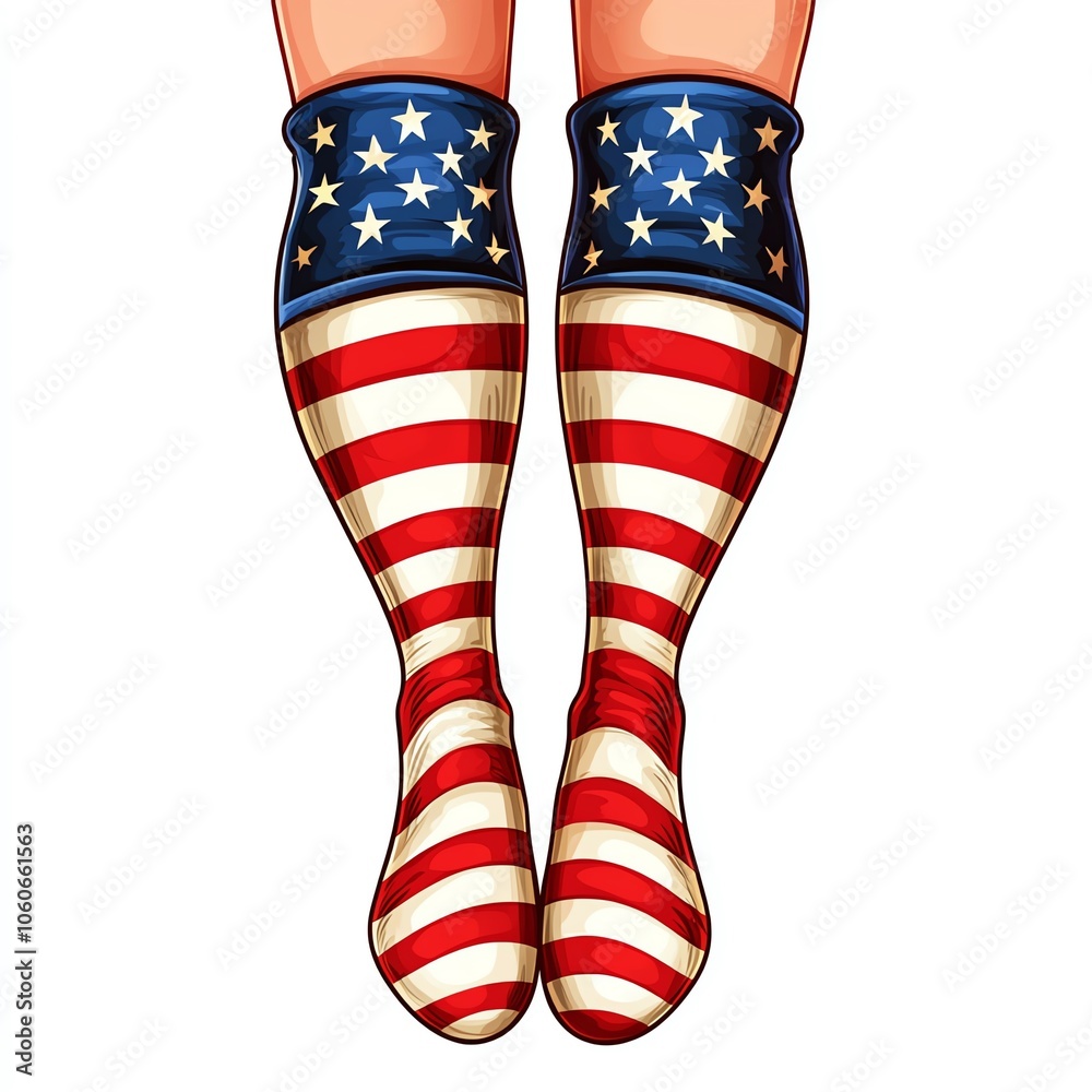 A pair of legs wearing knee-high socks featuring an American flag design with red and white stripes and blue stars. A pair of legs wearing knee-high socks featuring an American flag design with red and white stripes and blue stars.