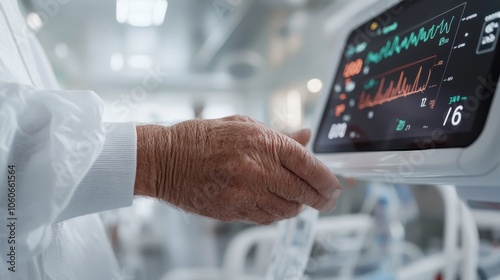 An aged hand softly touches a medical monitor in a hospital room, representing the intersection of medical technology and human care in critical environments. photo