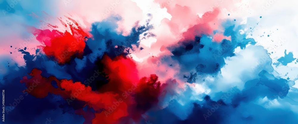 Abstract watercolor, vibrant red and blue splash, dynamic fluid art, explosive color blend, cosmic nebula effect, contrasting hues, ethereal cloudscape, swirling pigments, energetic brushstrokes, pain Abstract watercolor, vibrant red and blue splash, dynamic fluid art, explosive color blend, cosmic nebula effect, contrasting hues, ethereal cloudscape, swirling pigments, energetic brushstrokes, pain