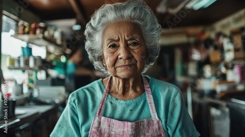 An elderly woman wearing a pink apron stands confidently in a cozy kitchen, embodying warmth and the cherished tradition of home cooking. photo