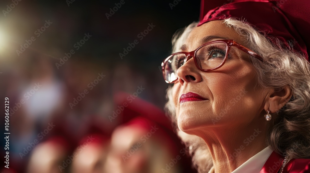 A mature woman with stylish eyeglasses and red-framed cap looks upward with determination during a graduation ceremony, surrounded by blurred figures of peers. A mature woman with stylish eyeglasses and red-framed cap looks upward with determination during a graduation ceremony, surrounded by blurred figures of peers.