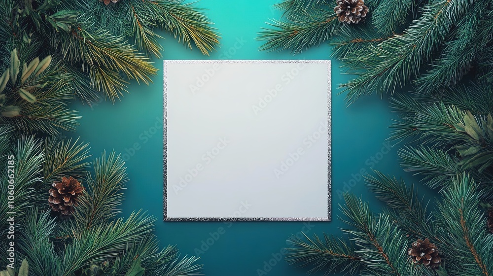 Square frame surrounded by pine branches on blue. Square frame surrounded by pine branches on blue.