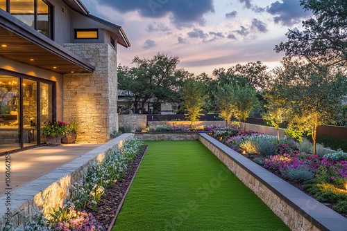 An emotive garden landscape with lights, lawn, and flower beds. Stone wall border. Evening lighting. Generative Ai 