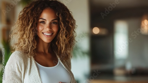 A beautiful woman with curly hair smiles warmly in her living room, illuminated by cozy natural light, emanating happiness and tranquility, fashionably attired. photo